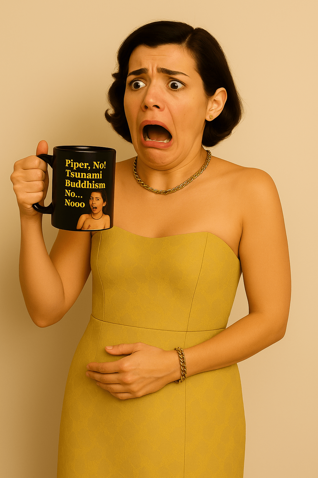 Die Aufnahme zeigt eine schwarze Keramik-Tasse mit Aufdruck „Piper, no!“ in Frontansicht und Alltagshumor, von True Insights.