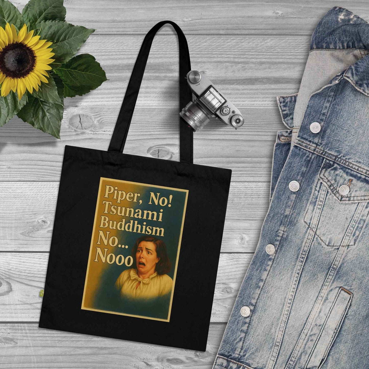 Schwarze Jutetasche zeigt frontal ein Retro-Motiv mit entsetzter Frau und dramatischem Schriftzug, von True Insights.