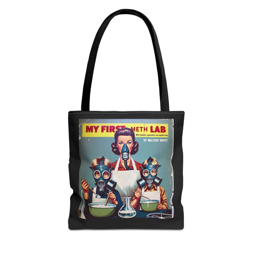 Vorderansicht einer schwarzen Tote Bag mit Retro-Aufdruck My First Meth Lab, Tasche von True Insights