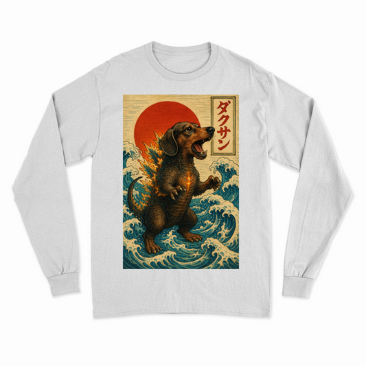 Sweatshirt – „Dackzilla in der Welle“ Japanischer Kaiju-Dackel im Hokusai-Stil – Lustiges Sweatshirt | True Insights – Bild 2