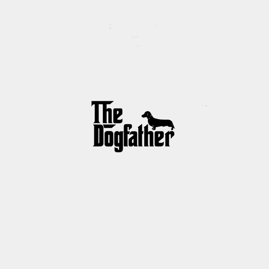 Schwarzes T-Shirt mit Schriftzug The-Dogfather und Dackel-Silhouette im Mafia-Parodie-Stil fuer Hundeliebhaber.
