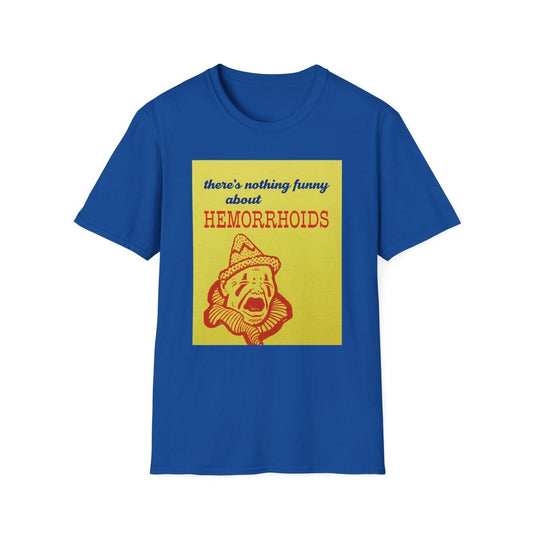 Kobaltblaues T-Shirt mit Retro Horror-Clown und Text über Hämorrhoiden auf gelbem Hintergrund, True Insights.