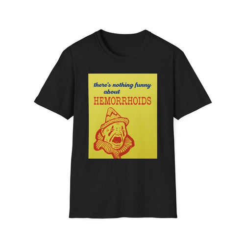Schwarzes T-Shirt mit gelbem Vintage-Design: trauriger roter Clown und Text There's Nothing Funny About Hemorrhoids im Retro Kinderbuch-Satire Stil von True Insights.