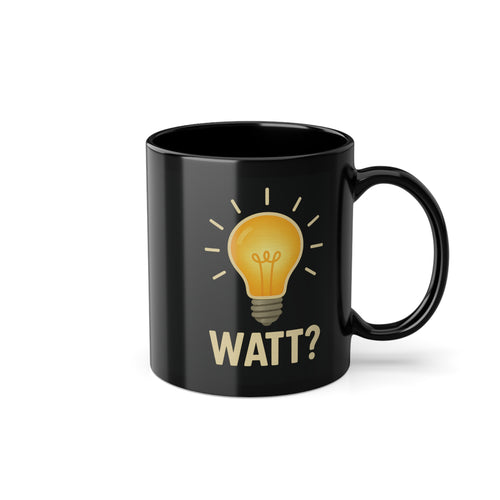 Zeigt eine schwarze Elektrotasse mit Glühbirnen-Motiv in Frontansicht, die das humorvolle Design präsentiert von True Insights.