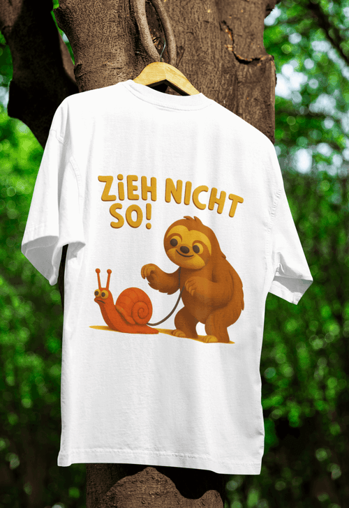 Weißes T-Shirt mit Faultier und Schnecke im Retro Kinderbuch-Satire-Stil mit Schriftzug Zieh nicht so von True Insights.