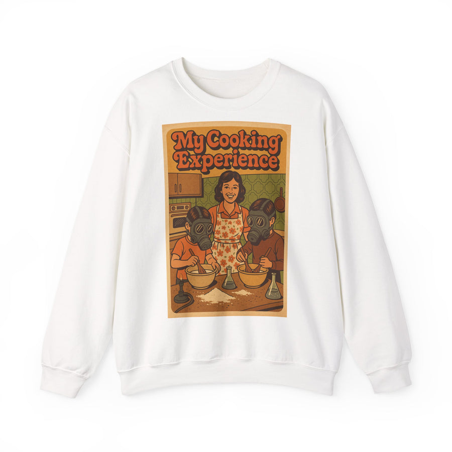True Insights My First Cooking Experience Sweatshirt – Retro-Motiv mit Gasmasken in der Küche