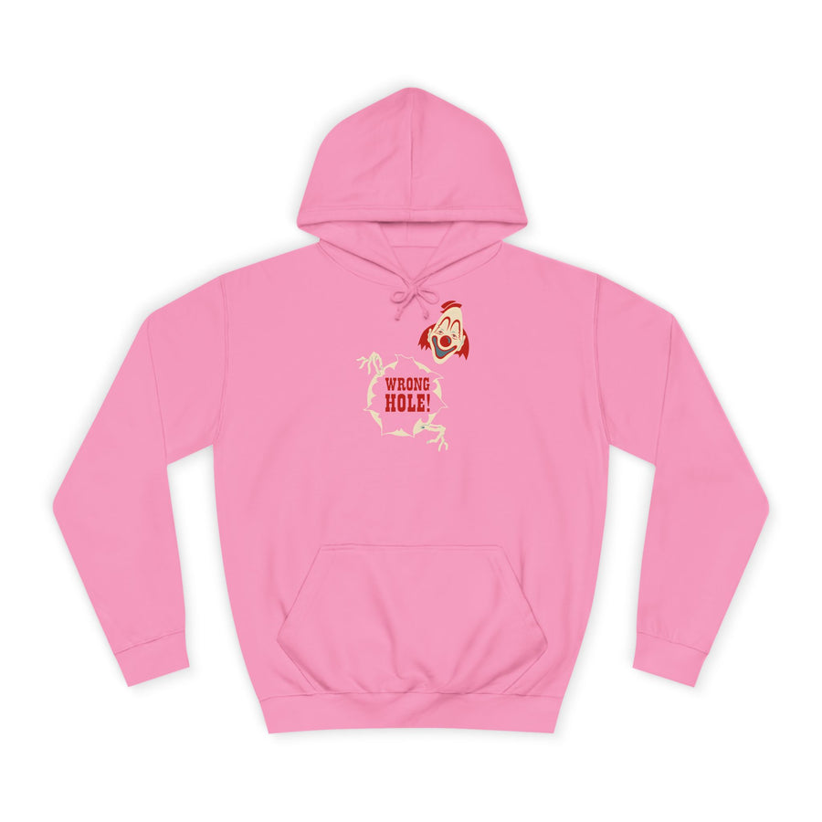 Hoodie „Wrong Hole!“ – Provokantes Clown-Motiv – Candyfloss Pink – Vorderseite
