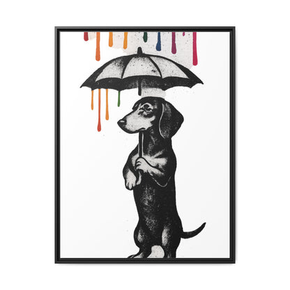 Dackel im Farbenregen – Street-Art Canvas mit Regenschirm & Farbtropfen