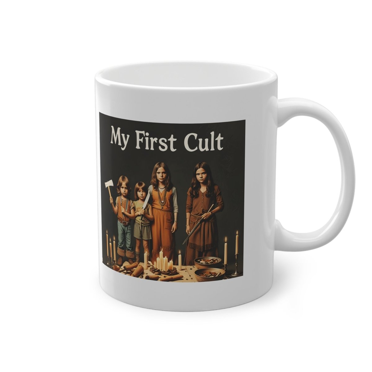 My First Cult – Satirical coffee mug with a dark children’s cult motif