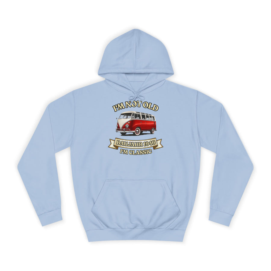 Geschenk zum 80. Geburtstag – Hoodie Jahrgang 1946 VW Bulli – Sky Blue – Vorderseite