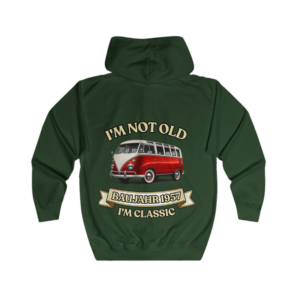Geschenk zum 70. Geburtstag – Sweatjacke Jahrgang 1957 VW Bulli – Bottle Green – Rückenansicht