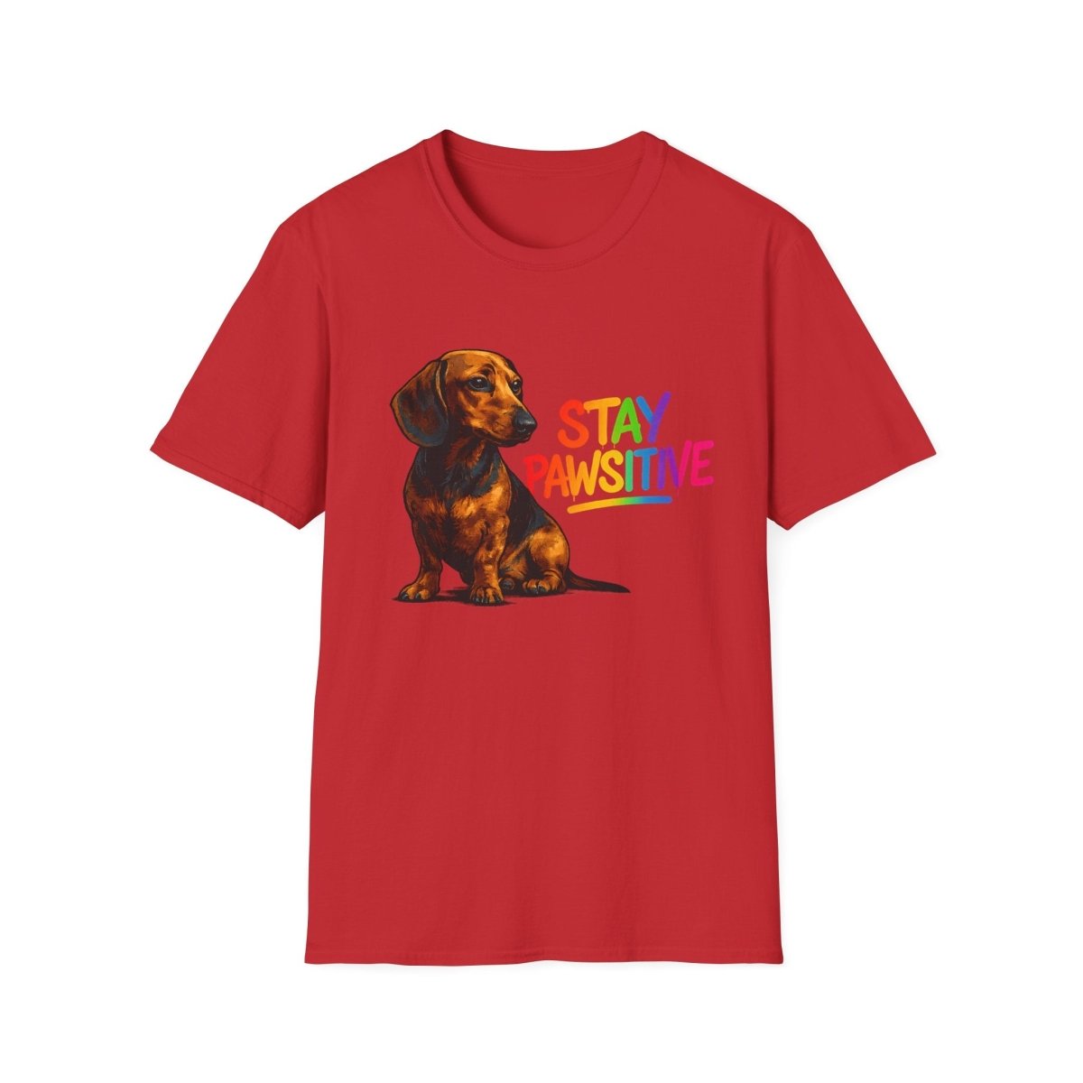 Rotes T-Shirt mit Dackel und Schriftzug Stay-Pawsitive in regenbogenfarbigen Lettern im Pop-Art-Stil fuer Hundeliebhaber.