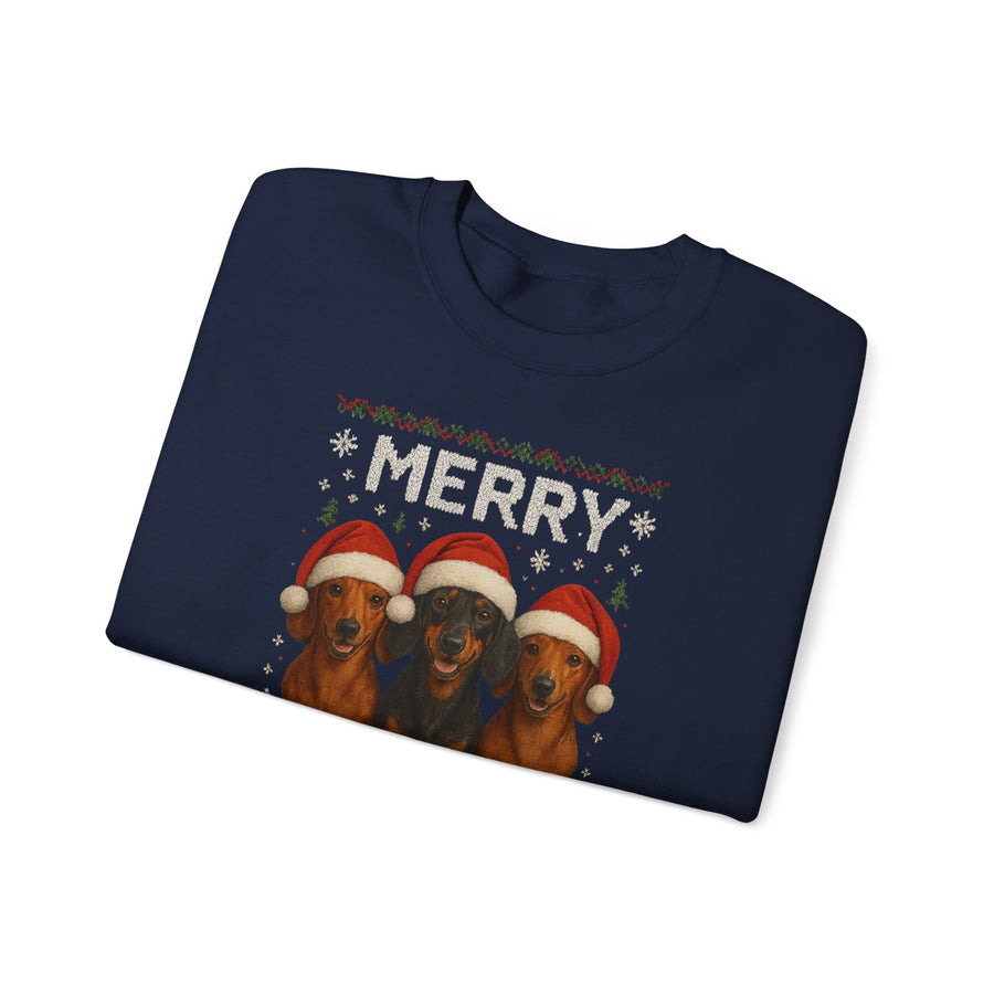 True Insights Merry Woofmas Dackel Sweatshirt – Lustiges Weihnachtsmotiv mit drei Dackeln