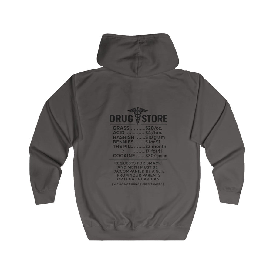 Drug Store Zip-Hoodie – Vintage-apotheekmotief met zwarte humor