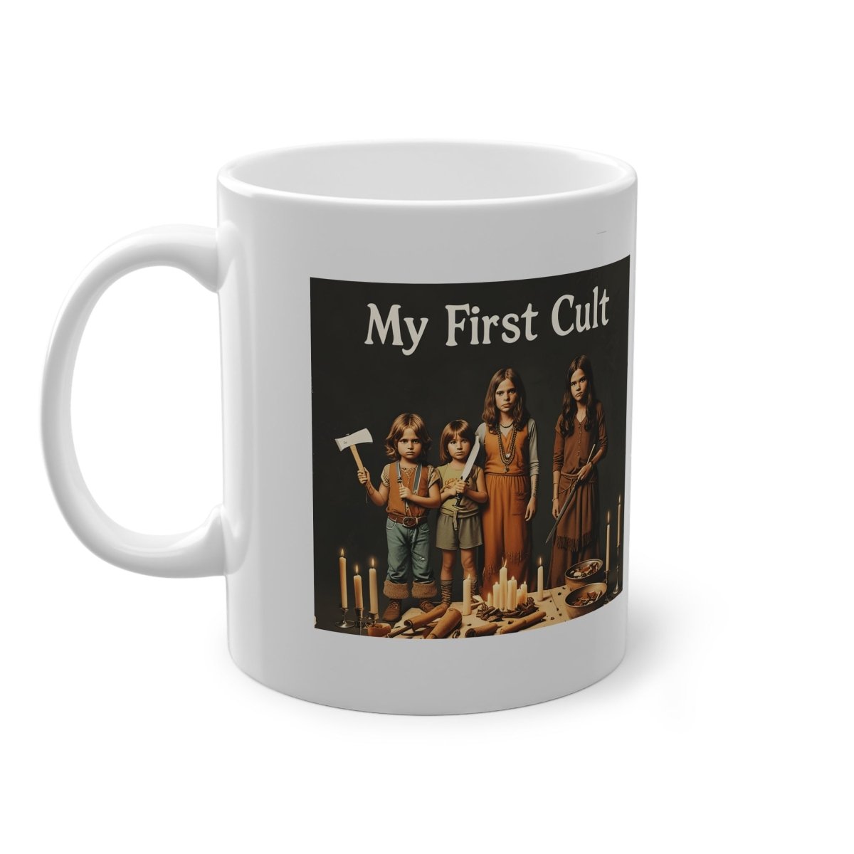My First Cult – Satirical coffee mug with a dark children’s cult motif