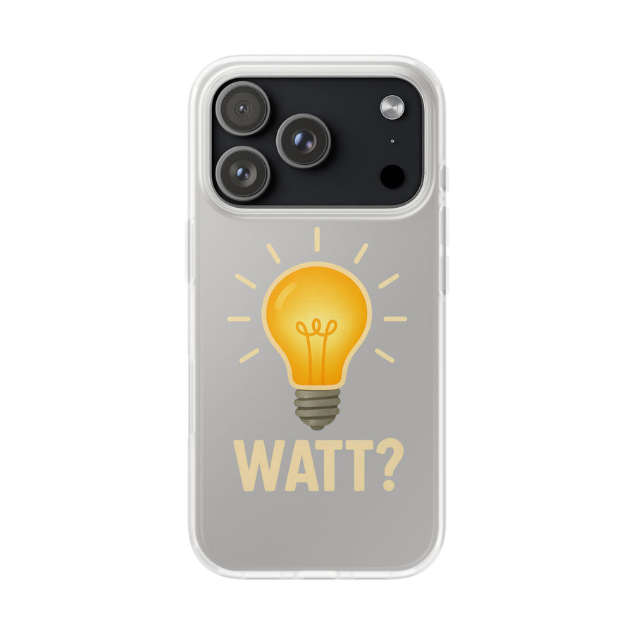 WATT? Handyhülle für iPhone 17 Pro – transparente Schutzhülle mit leuchtendem Glühbirnen-Motiv, Geschenk für Elektriker und Technikfans