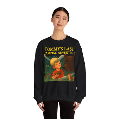 Sweatshirt – Tommy’s Last Camping Adventure Sweatshirt – Schwarzer Humor trifft Retro-Kinderbuchstil | True Insights Design mit Humor