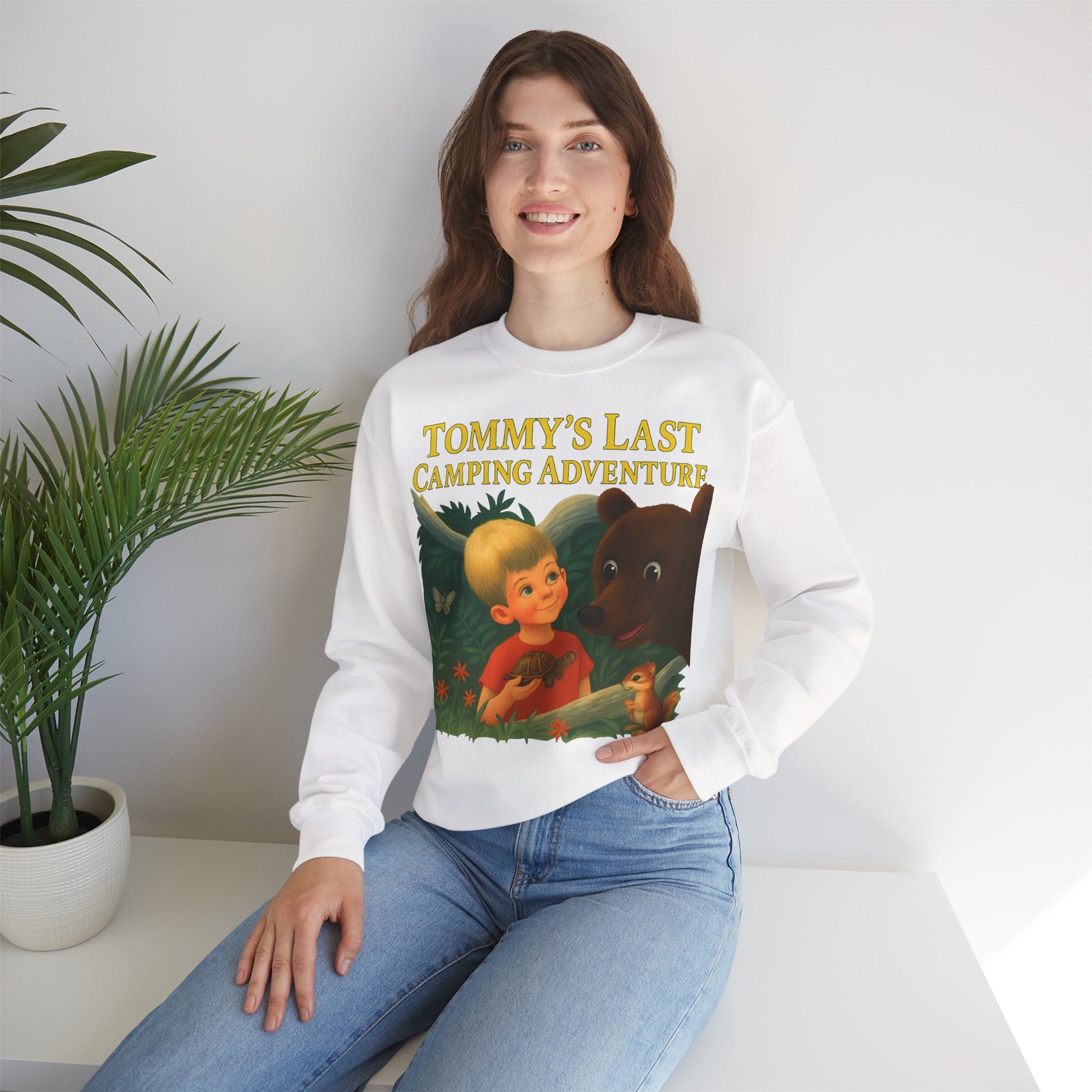 Sweatshirt – Tommy’s Last Camping Adventure Sweatshirt – Schwarzer Humor trifft Retro-Kinderbuchstil | True Insights Design mit Humor