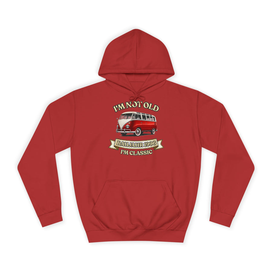 Geschenk zum 30. Geburtstag – Hoodie Jahrgang 1996 VW Bulli – Fire Red – Vorderseite