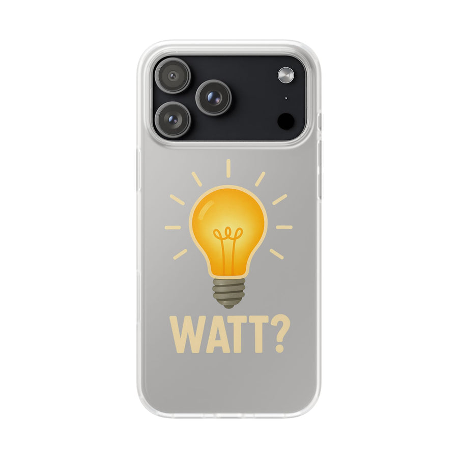 WATT? Handyhülle für iPhone 17 Pro Max – transparente Schutzhülle mit leuchtendem Glühbirnen-Motiv, Geschenk für Elektriker und Technikfans