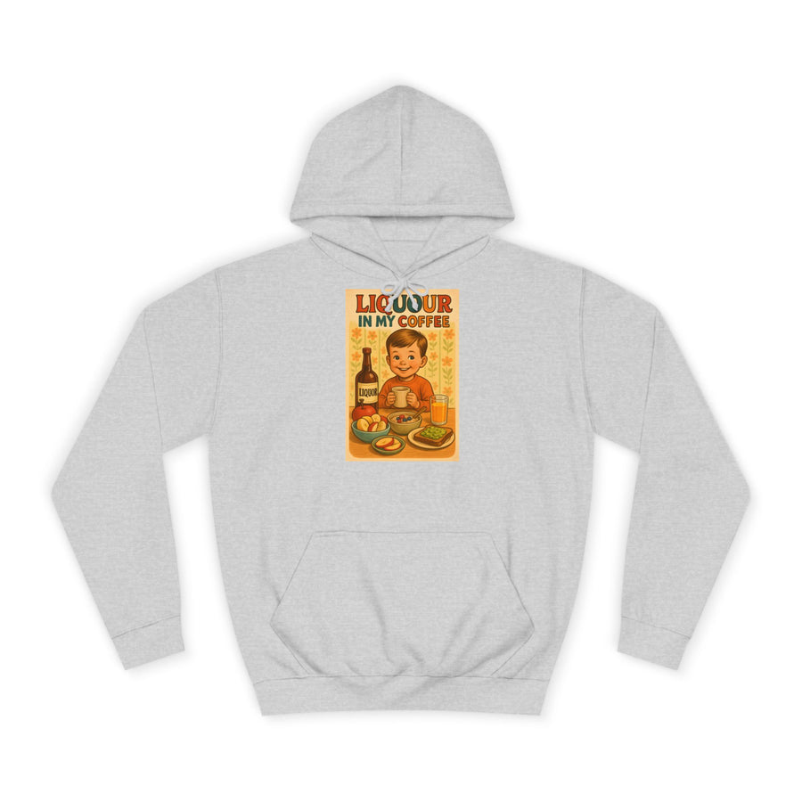 Kaffee Hoodie „Liquor in My Coffee“ – Retro-Humor für Kaffeetrinker – Heather Grey – Vorderseite