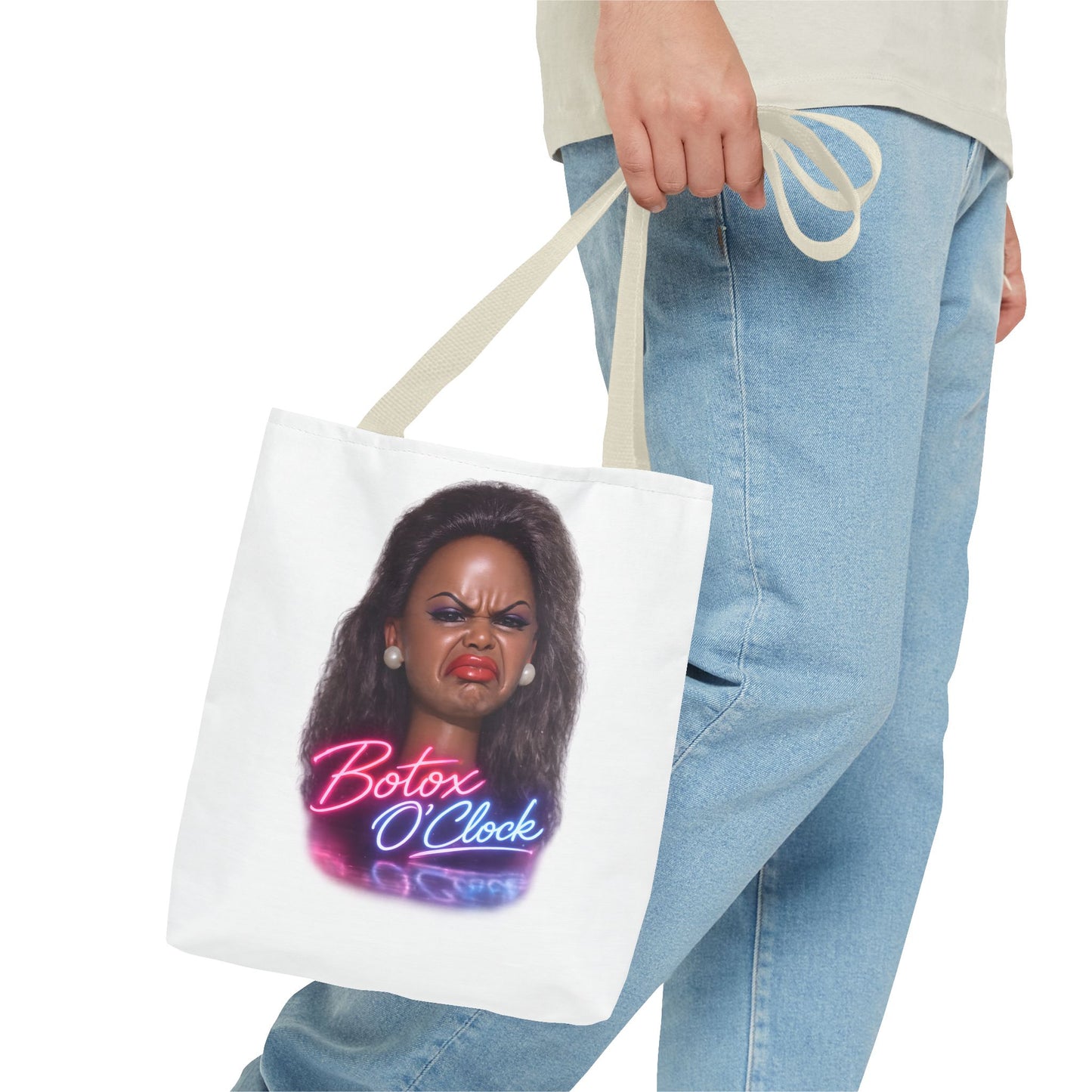 Botox O'Clock Tote Bag – Lustiger Polyester-Beutel mit Neon-Grimasse | Gym Sport Einkauf Geschenk