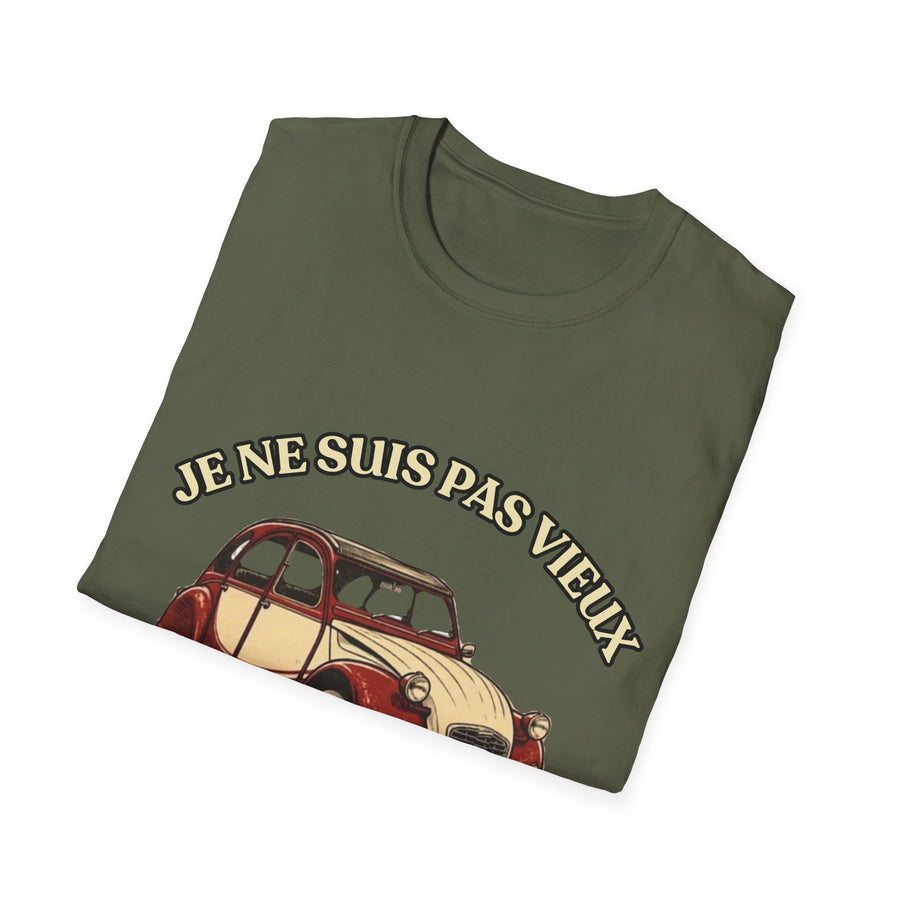 T-shirt Millésime 1966 « Je ne suis pas vieux, je suis vintage » – Cadeau anniversaire 60 ans homme – Deux-chevaux rouge et crème, voiture ancienne rétro
