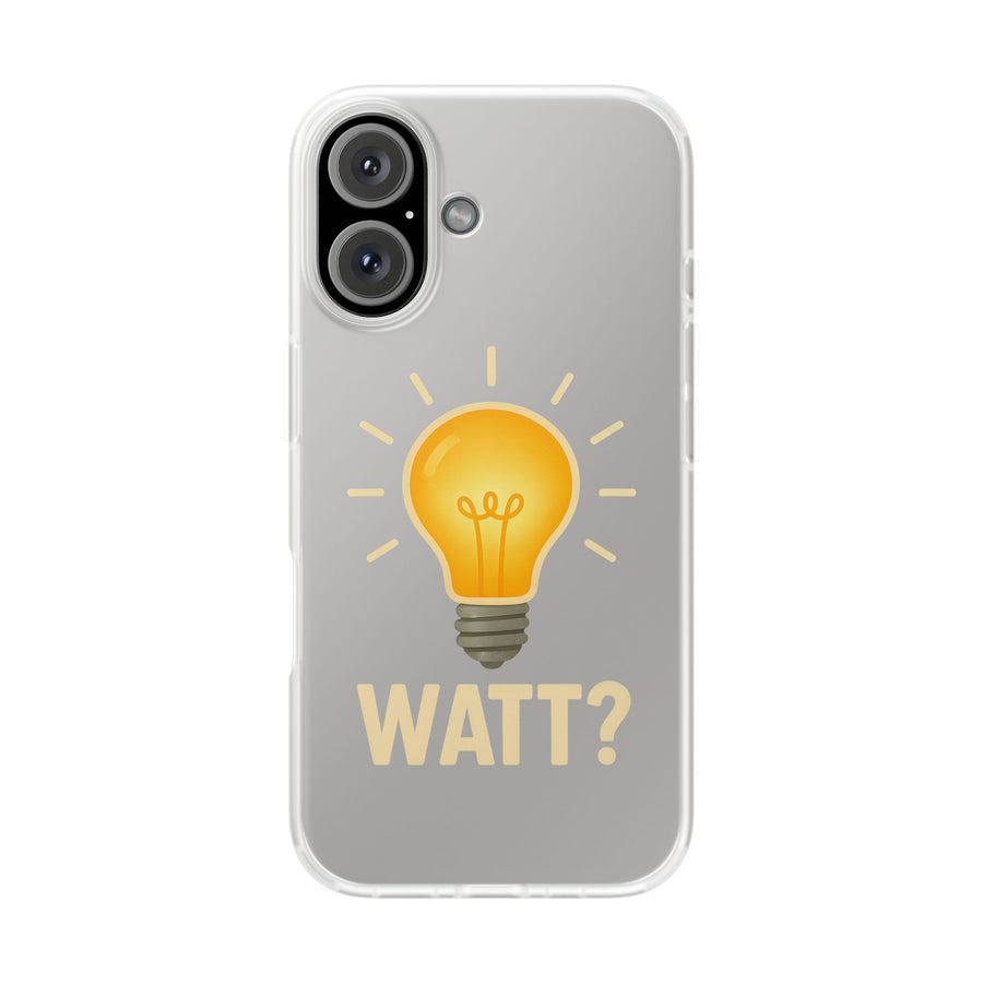 WATT? Handyhülle für iPhone 16 – transparente Schutzhülle mit leuchtendem Glühbirnen-Motiv, Geschenk für Elektriker und Technikfans