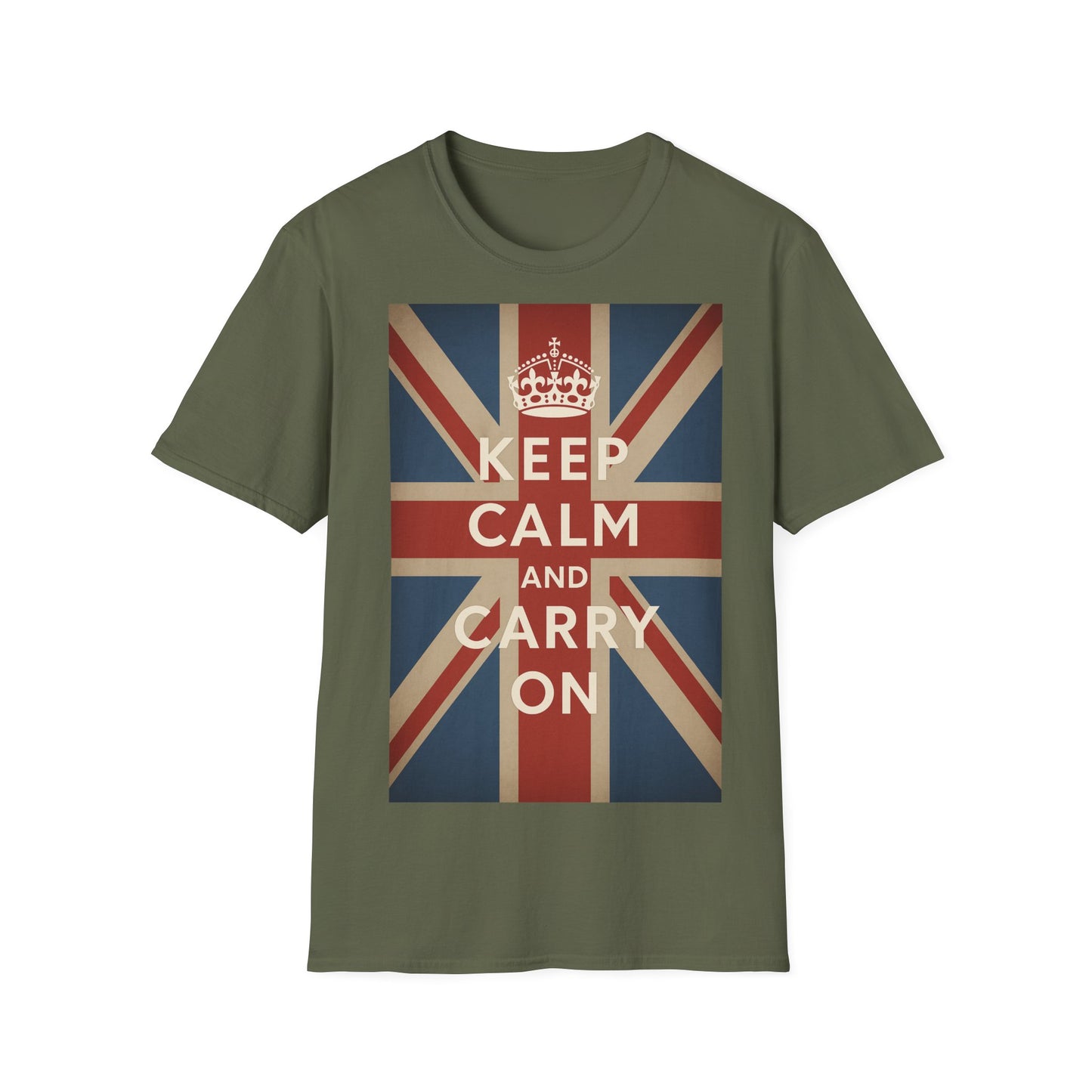True Insights T-Shirt Keep Calm and Carry On Union Jack Vintage in Military Green, britische Flagge, Geschenk