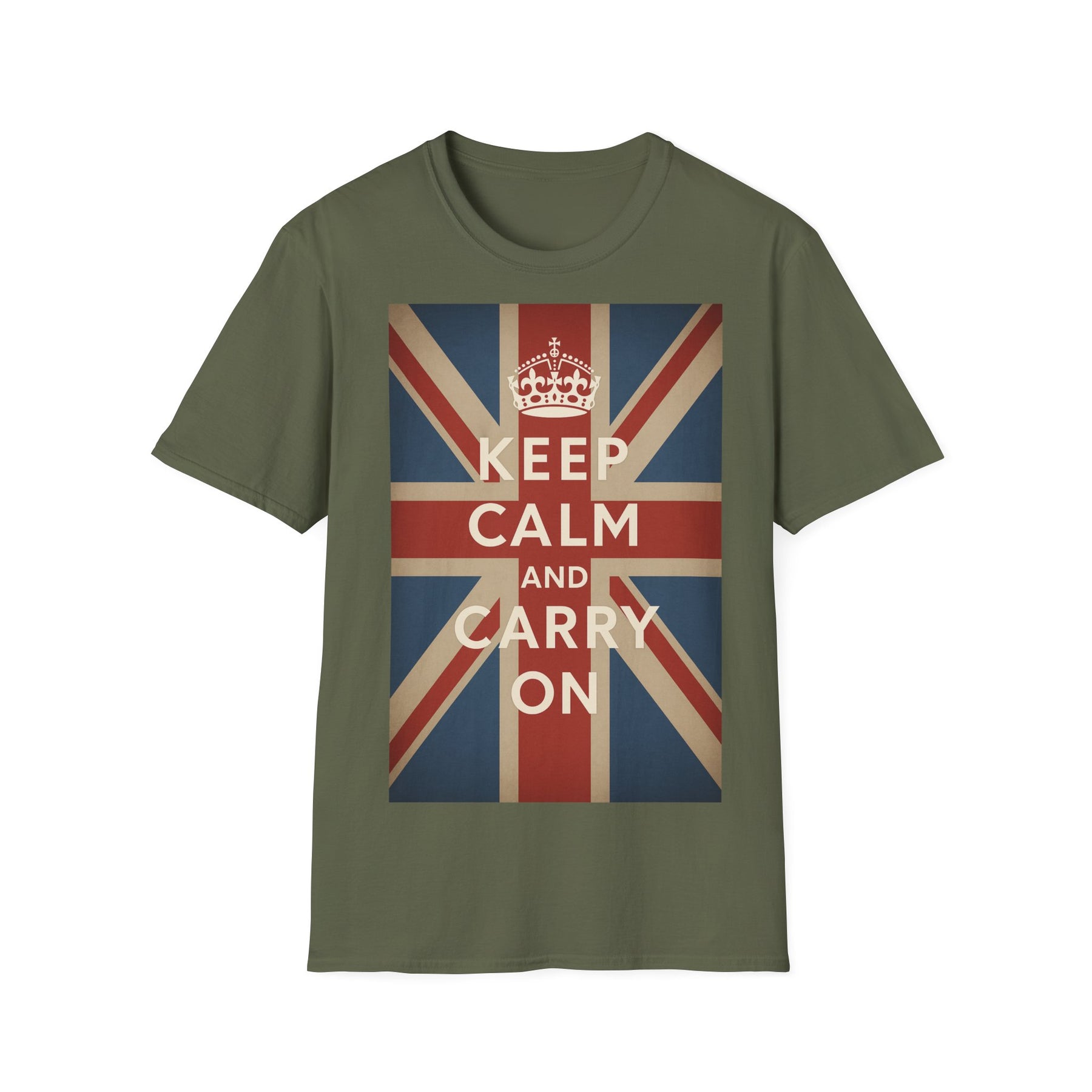 True Insights T-Shirt Keep Calm and Carry On Union Jack Vintage in Military Green, britische Flagge, Geschenk