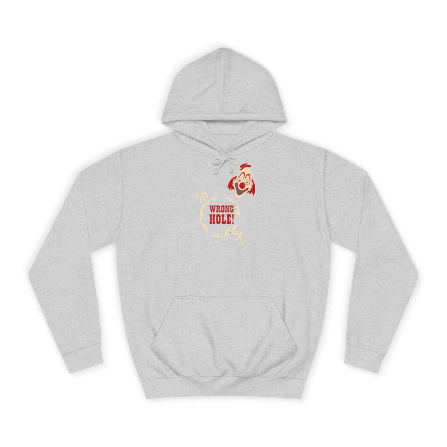 Hoodie „Wrong Hole!“ – Provokantes Clown-Motiv – Heather Grey – Vorderseite