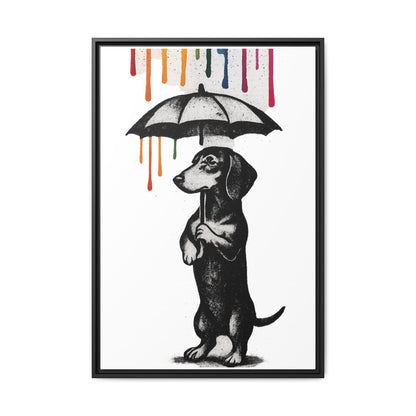 Dackel im Farbenregen – Street-Art Canvas mit Regenschirm & Farbtropfen