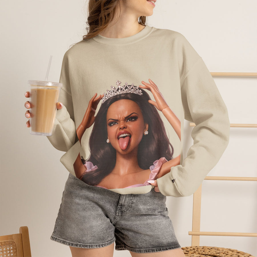 Barbicore Sweatshirt – Sassy Doll Design with Tiara & Tongue Out | Pink Doll Print