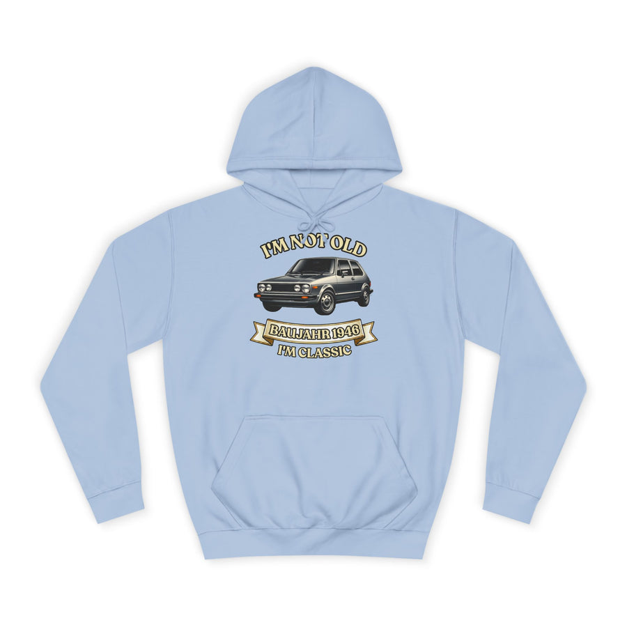 Geschenk zum 80. Geburtstag – Hoodie Jahrgang 1946 VW Golf – Sky Blue – Vorderseite