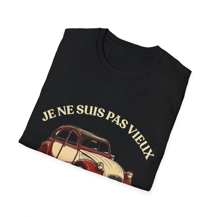 T-shirt Millésime 1956 « Je ne suis pas vieux, je suis vintage » – Cadeau anniversaire 70 ans homme – Deux-chevaux rouge et crème, voiture ancienne rétro