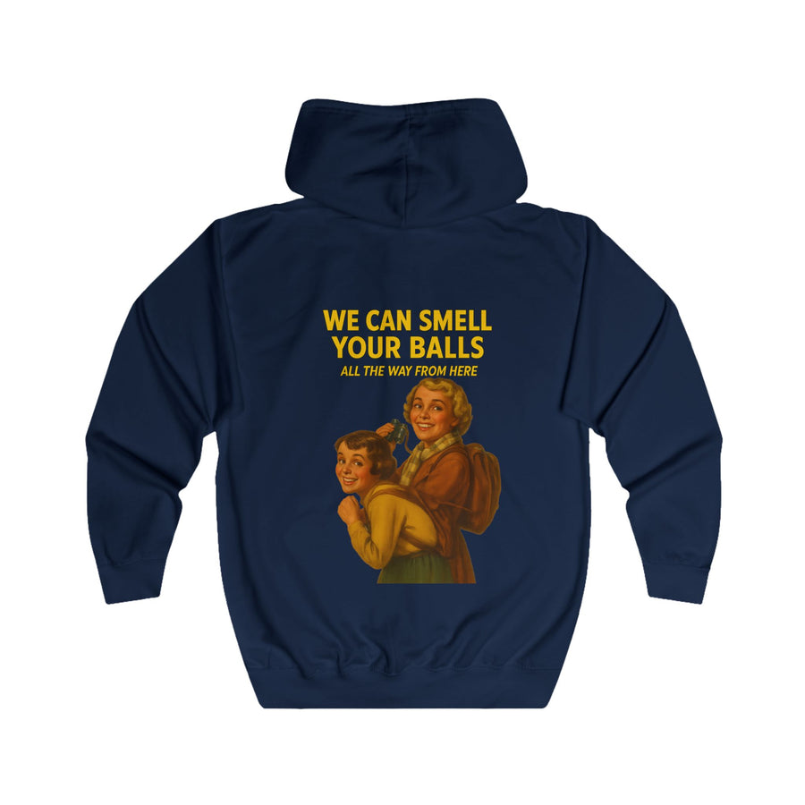 Retro Sweatjacke „We Can Smell Your Balls“ – Zip-Hoodie mit Rückendruck – Oxford Navy – Rückenansicht