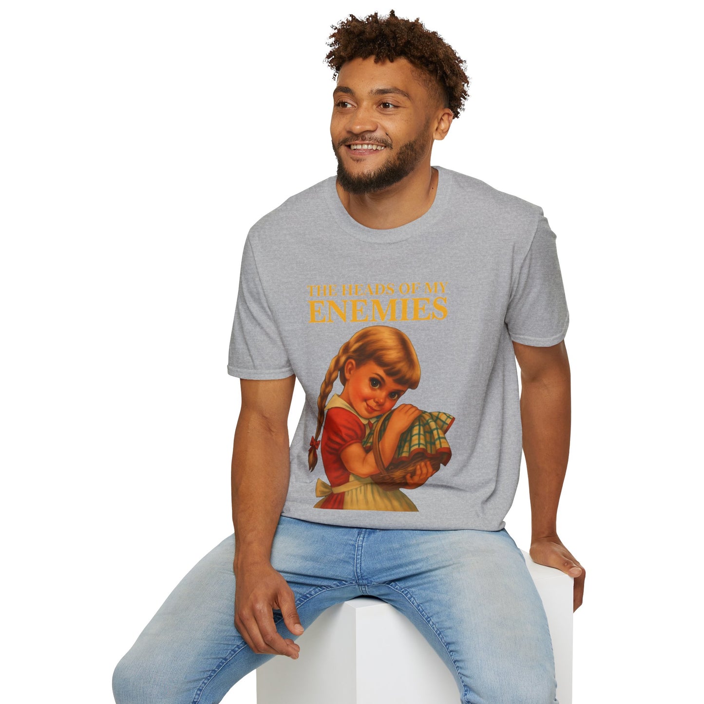 T-shirt “The Heads of My Enemies” – retro satire with children’s book flair