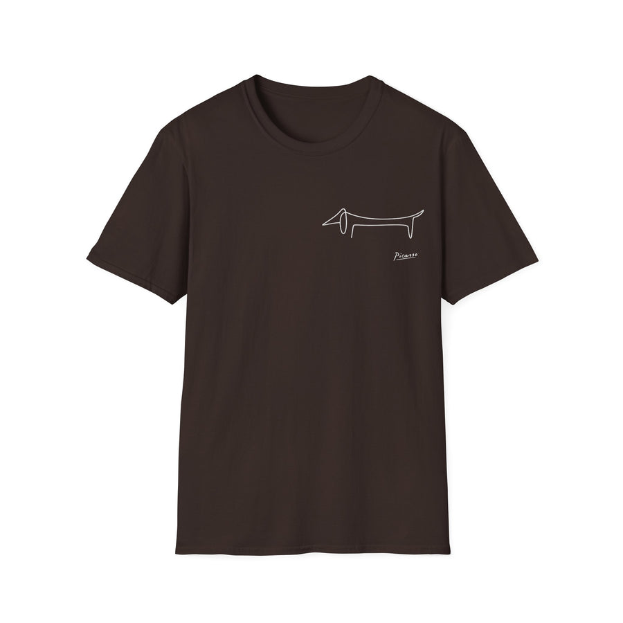 Dunkelbraunes T-Shirt mit Dackel-Strichzeichnung und „Picasso“-Schriftzug.