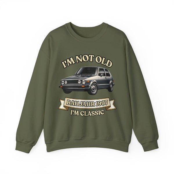 Geschenk zum 30. Geburtstag – Pullover Jahrgang 1997 VW Golf – Military Green – Vorderseite