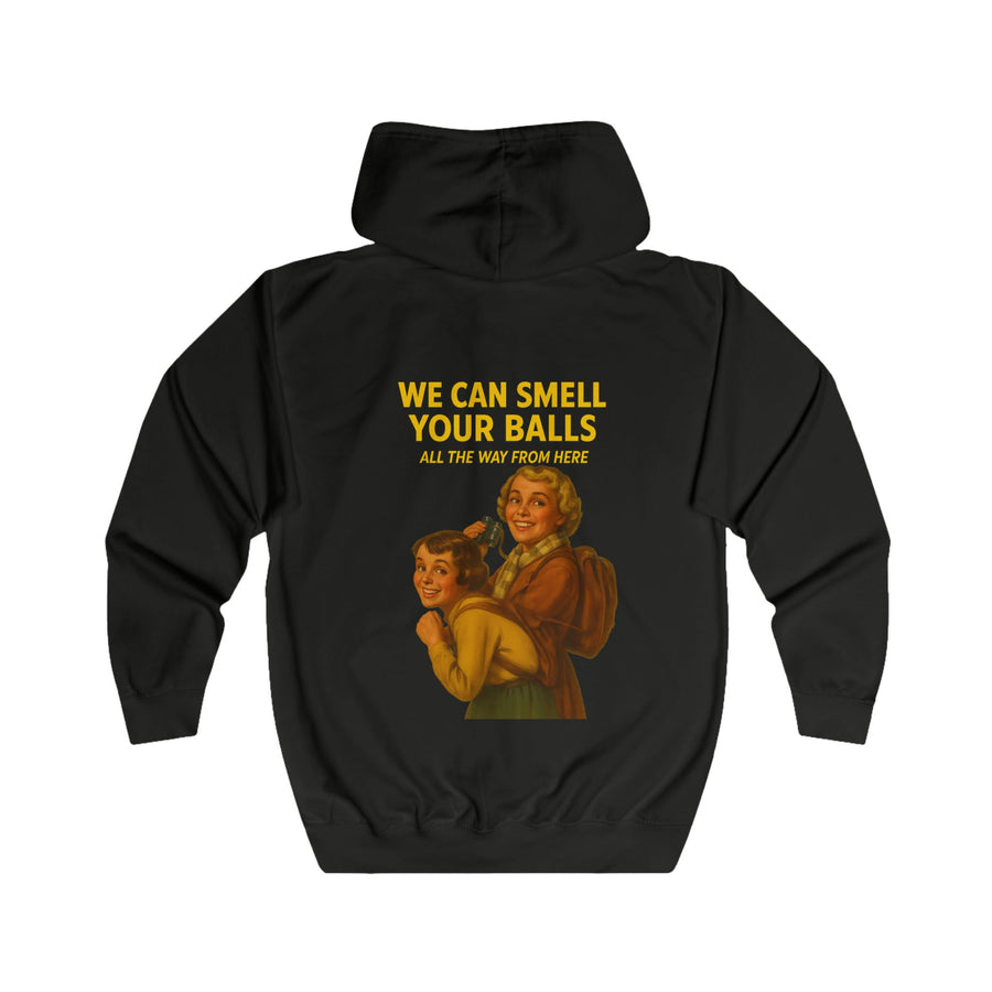 Retro Sweatjacke „We Can Smell Your Balls“ – Zip-Hoodie mit Rückendruck – Jet Black – Rückenansicht