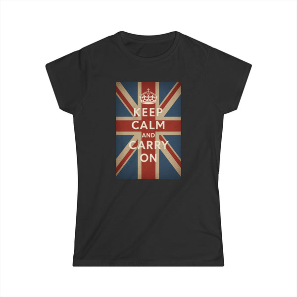 True Insights Damen Shirt Keep Calm and Carry On Union Jack Krone Vintage Britisch in Schwarz