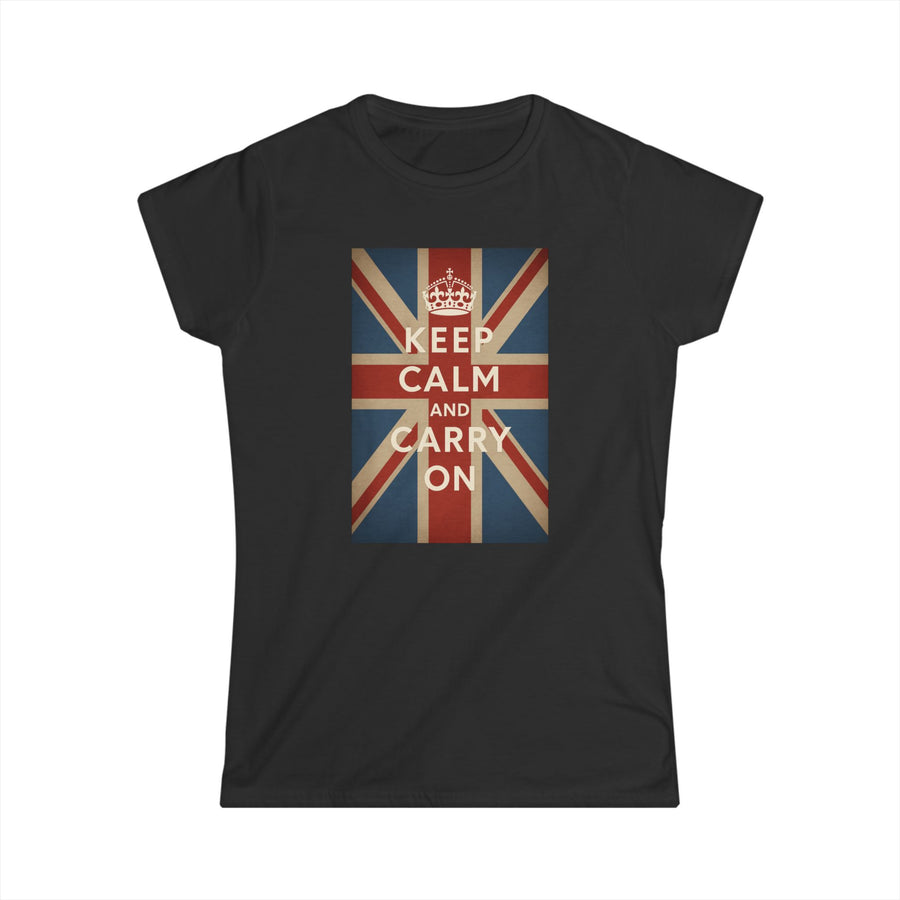 True Insights Damen Shirt Keep Calm and Carry On Union Jack Krone Vintage Britisch in Schwarz