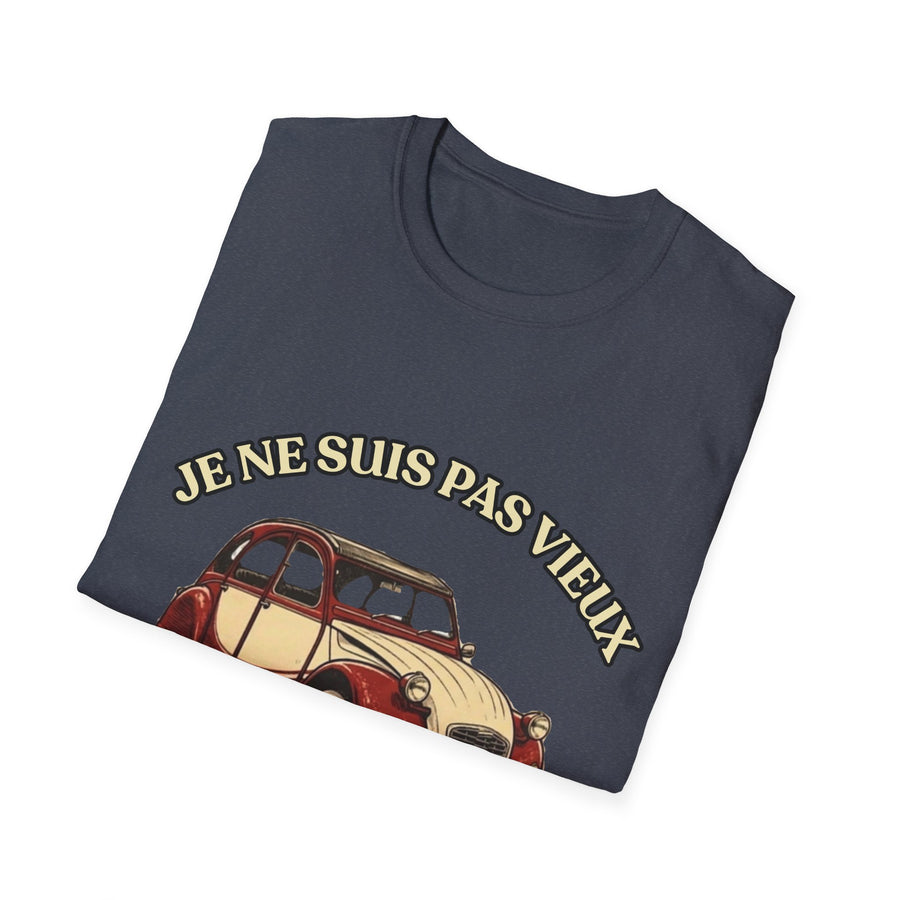T-shirt Millésime 1976 « Je ne suis pas vieux, je suis vintage » – Cadeau anniversaire 50 ans homme – Deux-chevaux rouge et crème, voiture ancienne rétro