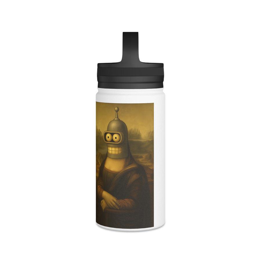 True Insights Edelstahl Trinkflasche Roboter Mona Lisa Parodie in Weiß, satirisches Sci-Fi Design
