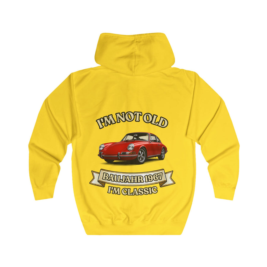 Geschenk zum 60. Geburtstag – Sweatjacke Jahrgang 1967 mit Porsche-Motiv – Sun Yellow – Rückenansicht