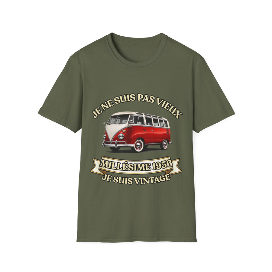 Vintage 1956 T-Shirt – FRENCH print « Je ne suis pas vieux, je suis vintage » – 70th Birthday Gift for Men | red & white VW Bus