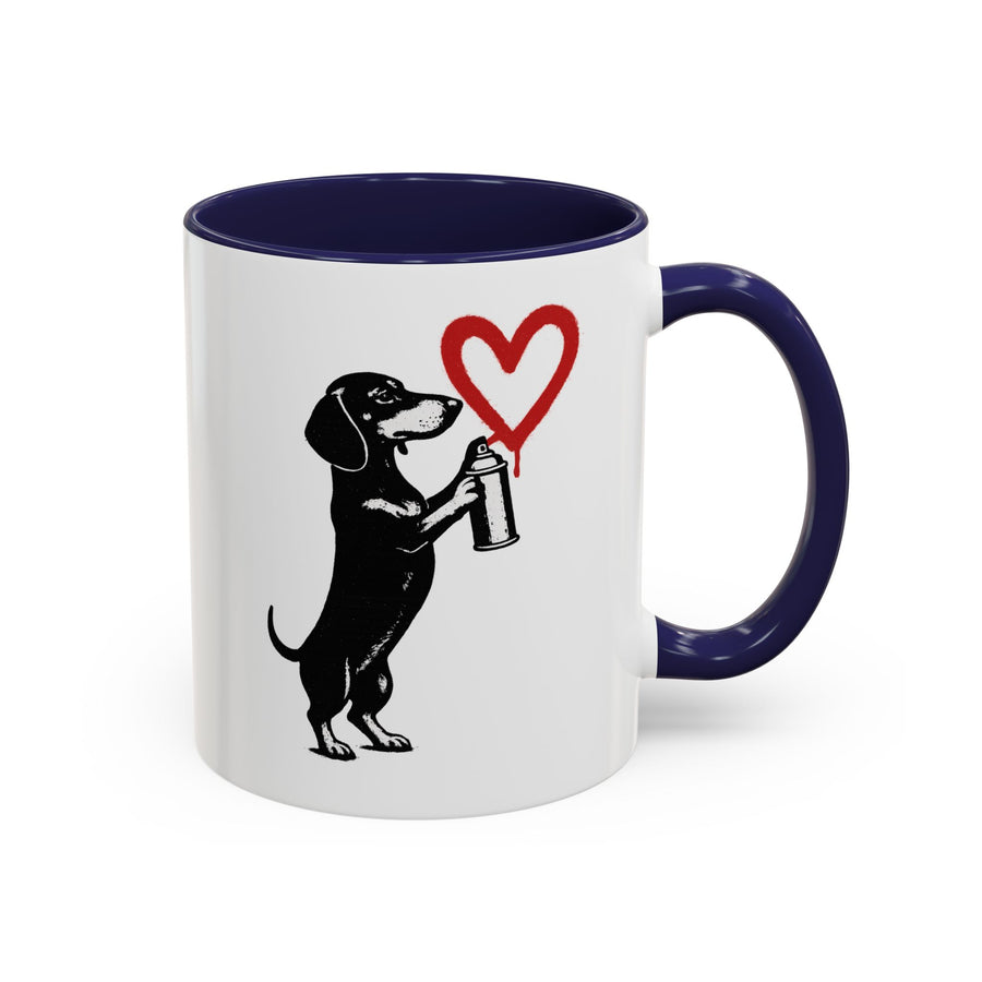 True Insights Banksy Dackel Tasse – Street-Art Kaffeebecher mit rotem Herz in Navy