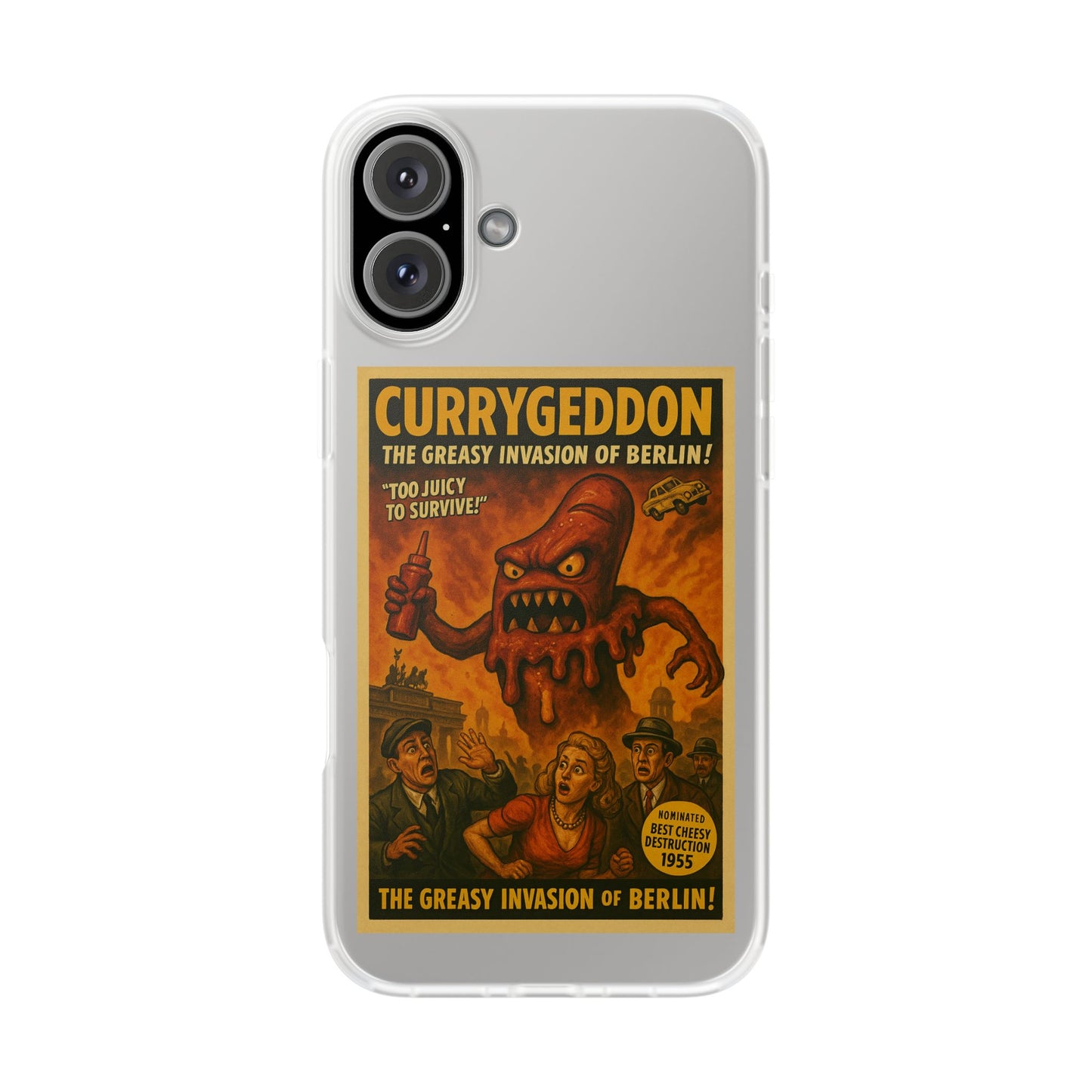 Kultige Handyhülle mit Currywurst-Monster im B-Movie-Stil. Flexibel, stoßfest und ideal für Berlin-Fans & Food-Nerds.-Phone Case-True Insights