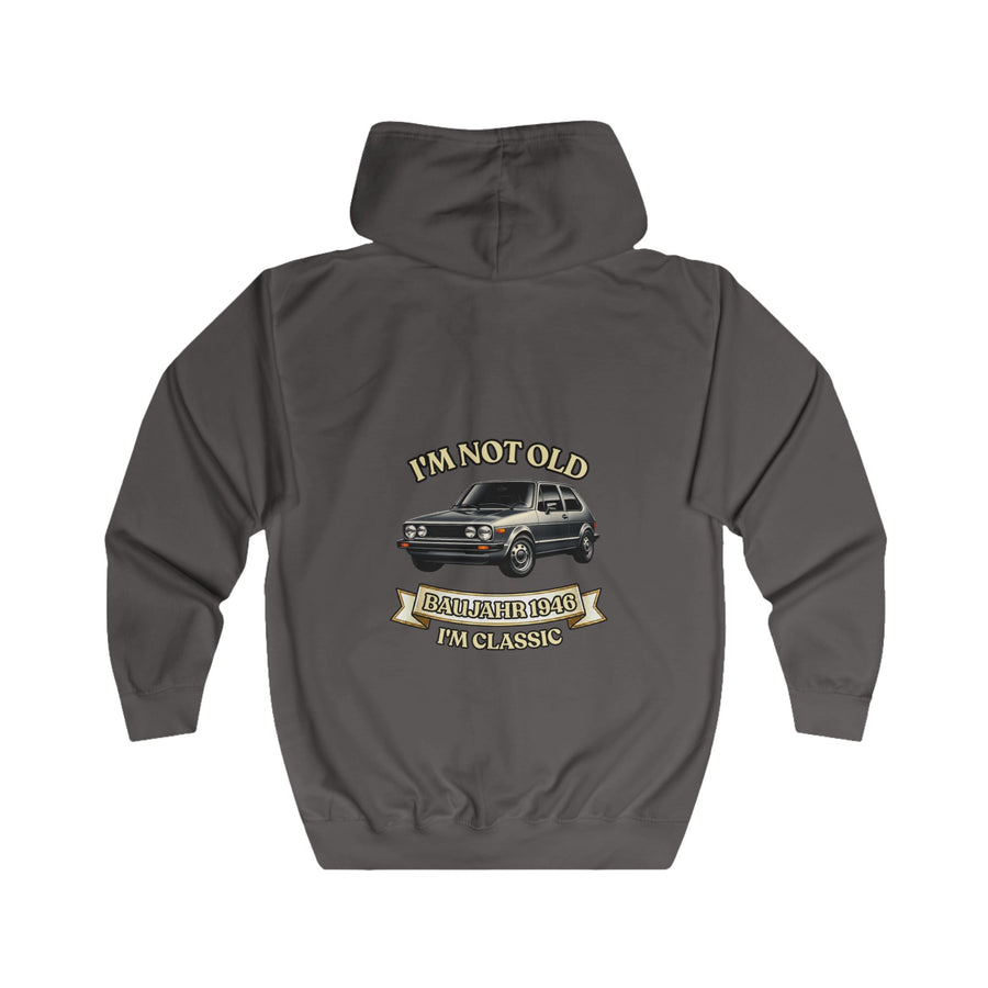 Geschenk zum 80. Geburtstag – Sweatjacke Jahrgang 1946 VW Golf – Steel Grey – Rückenansicht