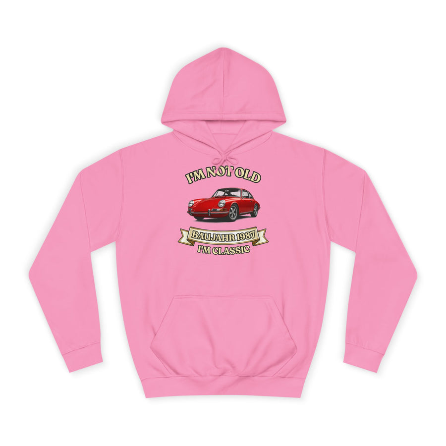 Geschenk zum 40. Geburtstag – Hoodie Jahrgang 1987 mit Porsche-Motiv – Candyfloss Pink – Vorderseite